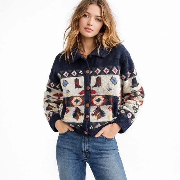 The Eagles Eye Sweaters - The Eagle's Eye 1989 Hand Knit Western Cowboy Cardigan Sweater Jacket Sz S